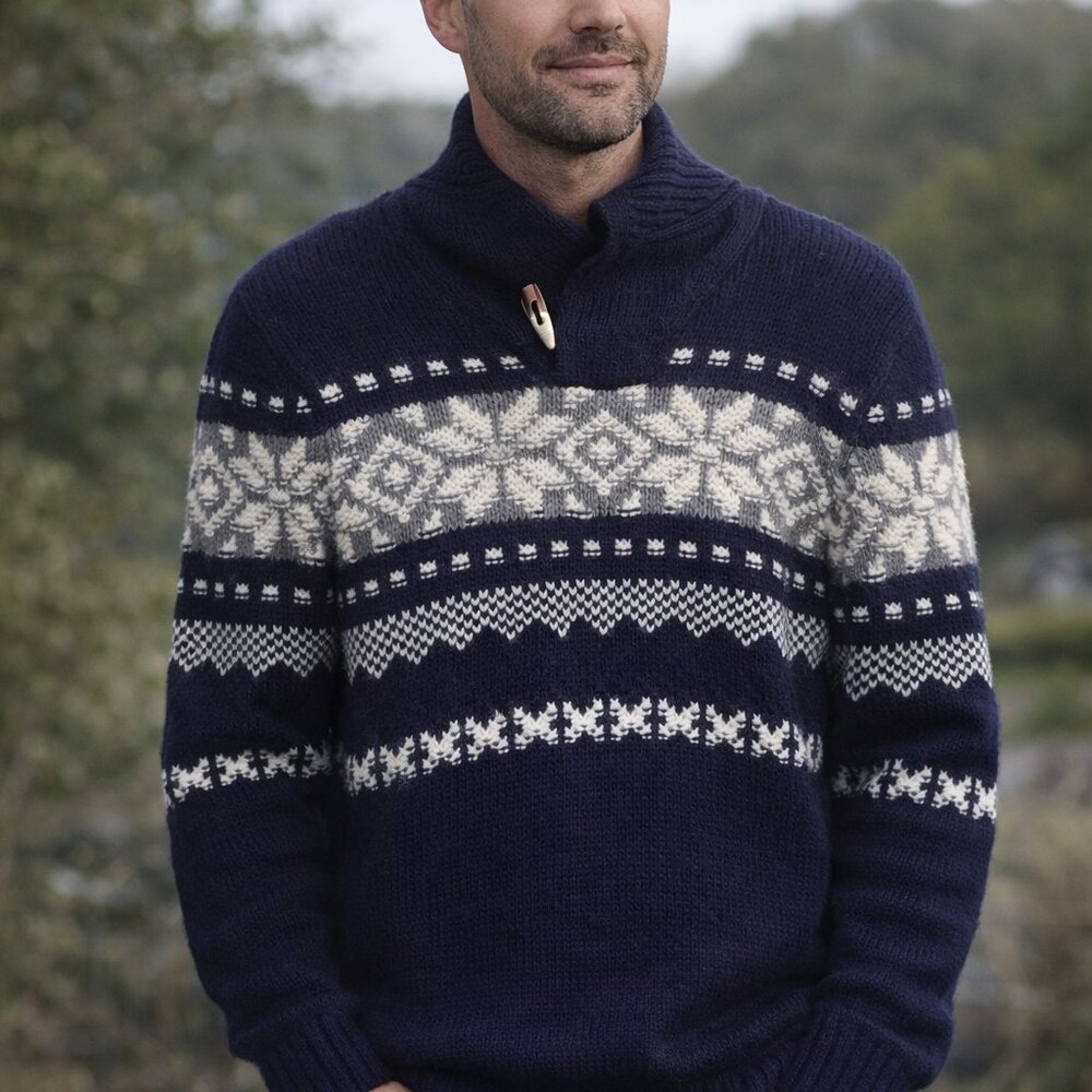 L`uomo Men's Classic Nordic Or Fair Isle Shawl Collared  Pullover Sweater M